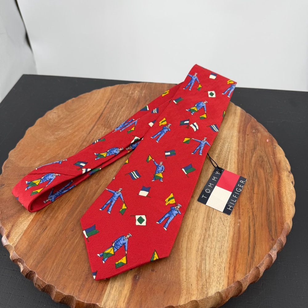 Tommy Hilfiger red necktie nautical signal flag sailor pattern wide 3.75” 56”